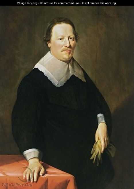 A Portrait Of A Gentleman, Aged 47, Wearing A Black Costume With White Lace Cuufs And Collar, Holding Gloves In His Left Hand - Hendrick Bloemaert