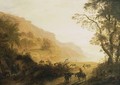 An Italianate Hilly Landscape With Horsemen Resting In The Foreground, Travellers With Donkeys On A Path, And A Waterfall Nearby - Cornelis Matthieu