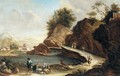 Mountainous Landscape With A Family Resting Beside A Road With A River Beyond - North-Italian School