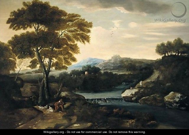 Classical Landscape With A Shepherd Minding His Flock Beside A River, With A Villa Beyond - (after) Gaspard Dughet