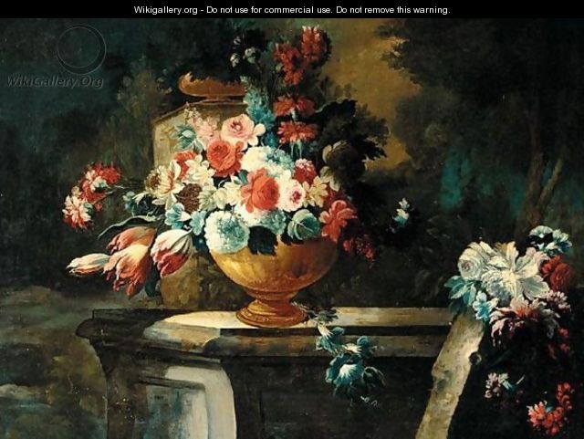 Still Life With Various Flowers In Bronze Urn, On A Stone Ledge In An Ornamental Garden - (after) Francesco Lavagna