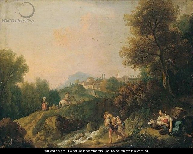 A Pastoral Landscape With Peasants And Herders By A River, A Town Beyond - Giuseppe Zais