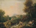 A Pastoral Landscape With Peasants And Herders By A River, A Town Beyond - Giuseppe Zais