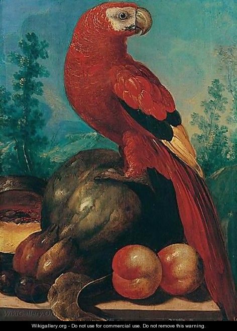 Still Life Of A Macaw Together With Melons, Peaches And Plums, Upon A Stone Ledge, A Wooded Landscape Beyond - (after) Roelandt Jacobsz Savery