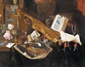 Vanitas Still Life With A Violin, A Recorder, A Pipe, An Almanach And Other Books Together On A Table - Dutch School