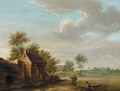 A River Landscape With Figures Mooring A Boat On A Bank Near A Cottage - Flemish School