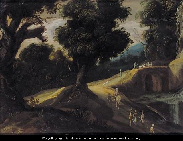 A Wooded Landscape With Figures Beside A River And A Bridge Beyond - (after) Paul Bril