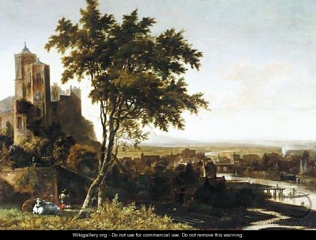 A Landscape With A Drover And His Cows Overlooking A Riverside Town - (after) Gerrit Van Battem