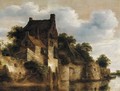 A River Landscape With Houses Above A Set Of Ramparts On The Edge Of The Water, Figures In A Boat Below - Roelof van Vries