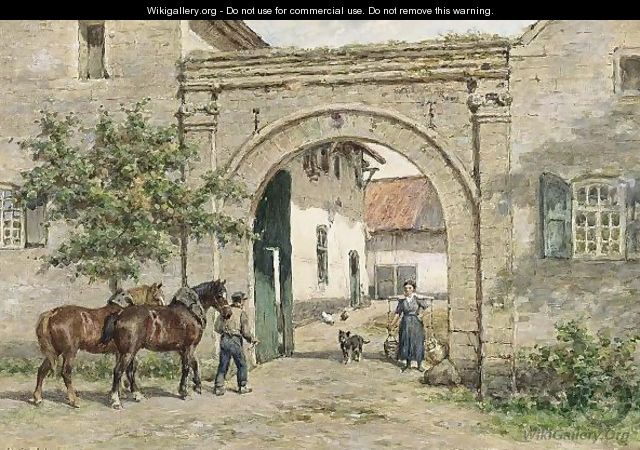 A Farmer With His Horses Entering A Courtyard - Willem Carel Nakken