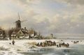 Skaters On A Frozen River Near A 'Koek En Zopie' - Lodewijk Johannes Kleijn