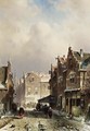 Villagers In The Streets Of A Wintry Town - Charles Henri Leickert