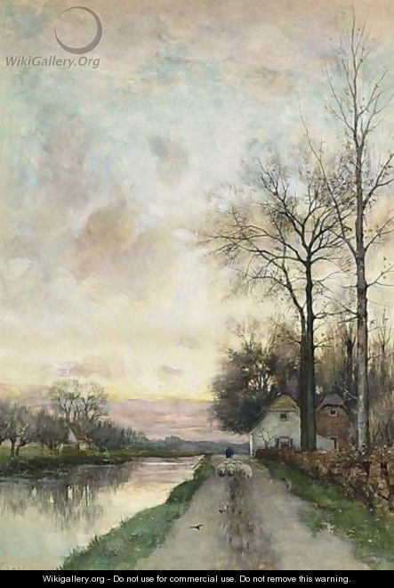 A River Landscape At Dusk - Fredericus Jacobus Van Rossum Chattel