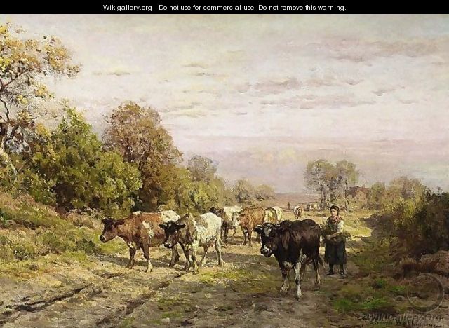 A Herdsmen With Cattle On A Countryroad, Drenthe - Julius Jacobus Van De Sande Bakhuyzen