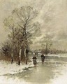 A Winter Landscape With Figures On A Frozen River - Johann Jungblutt