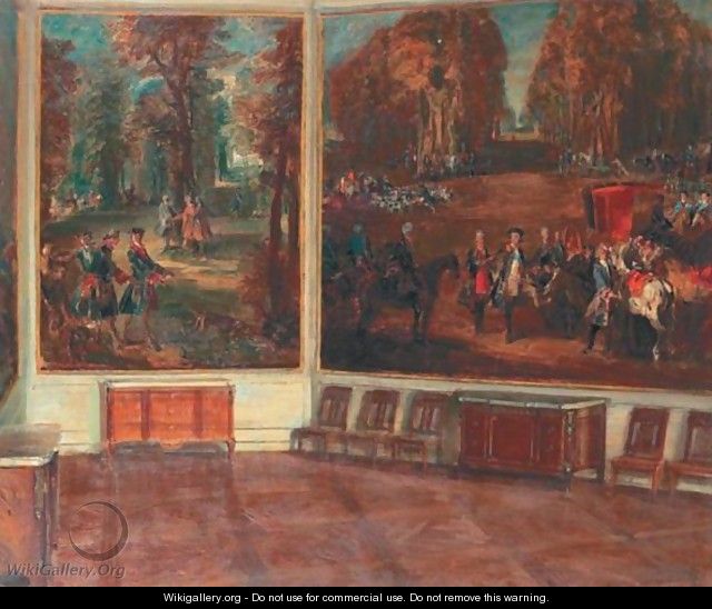 Interieur Du Chateau De Fontainebleau Avec Deux Grands Tableaux De Chasse - Walter Gay