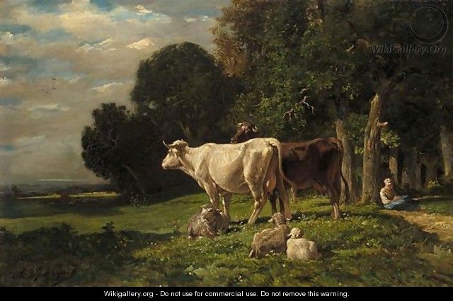 Paysage Avec Vaches Et Moutons - Charles Émile Jacque