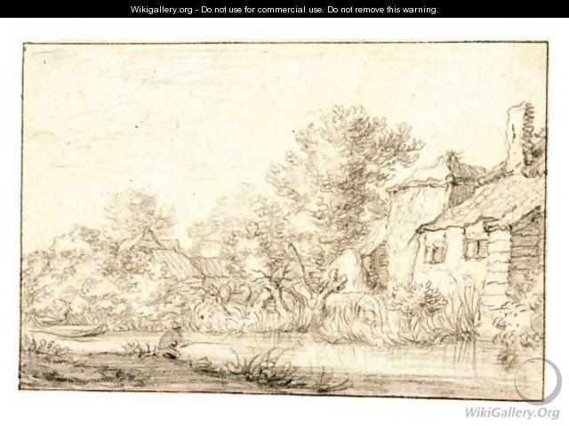 A Fisherman By Cottages On A Wooded Riverbank - (after) Cornelis Gerritsz. Decker