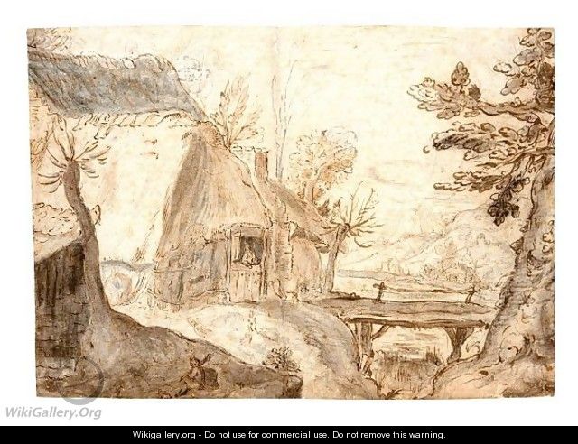 A Rugged River Landscape, With A Thatched House By A Bridge - Gillis van Coninxloo