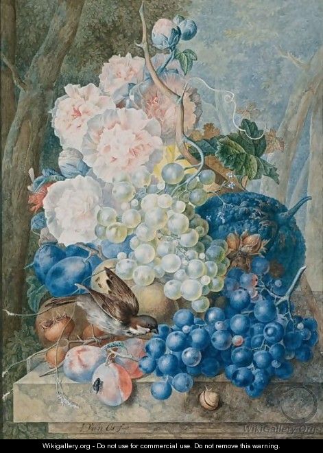 Still Life Of Fruit And Flowers With A Sparrow - Jan van Os