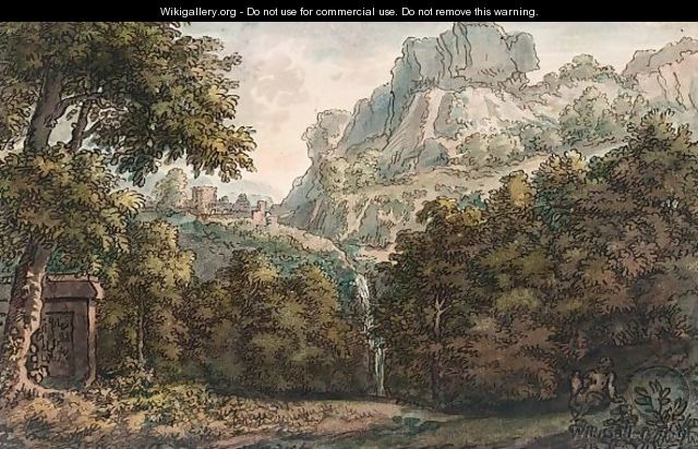 A Mountainous Wooded Landscape With A Waterfall, A Seated Figure And A Tomb - Jacob Van Liender
