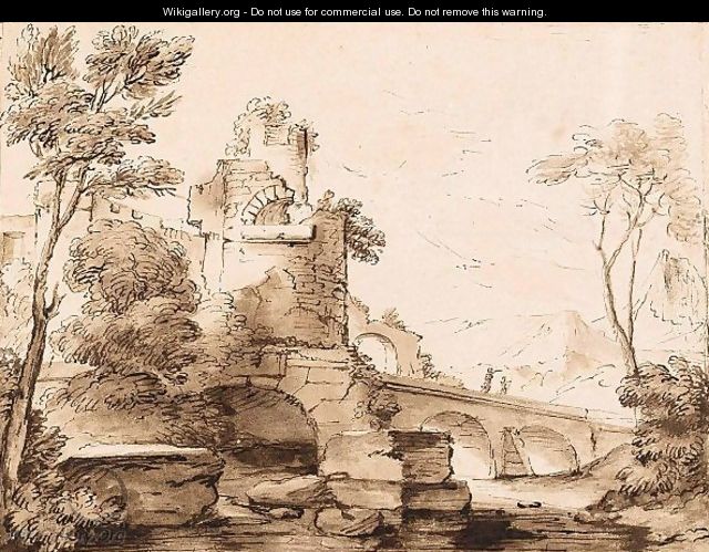 Italianate Landscape With Ruins, And Figures On A Bridge - Adriaen Van Der Kabel