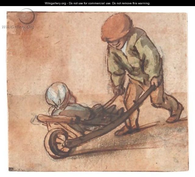 Boy Pushing A Baby In A Wheelbarrow - Isaack Jansz. van Ostade