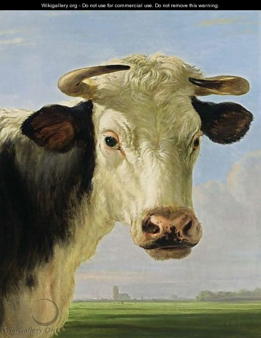 A Head Of A Bull With A View Over An Extensive Landscape Looking Towards The Grote Kerk Of Dordrecht - (after) Jacob Van Strij