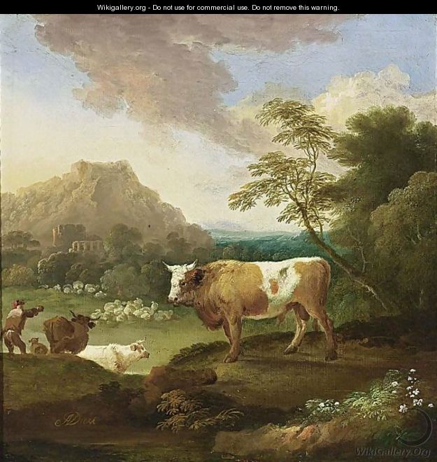 An Italianate Landscape With A Bull In The Foreground And A Shepherd With His Herd Nearby - Adriaen Van Diest