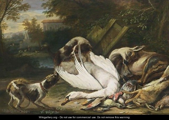 A Hunting Still Life With A Swan, A Deer, A Hare, And Birds, Together With Two Dogs - Adriaen de Gryef