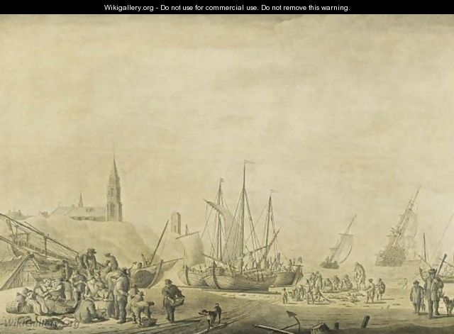 The Beach At Scheveningen With Fishermen Unloading Their Vessels And Fishermen Selling The Catch - Cornelis Boumeester
