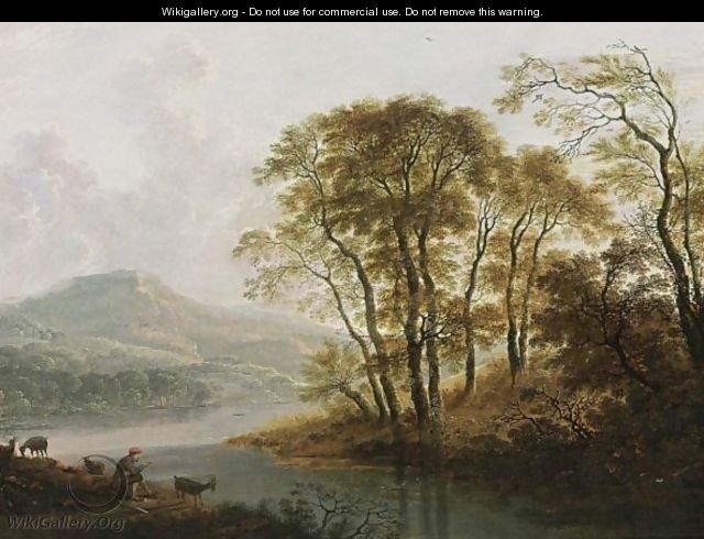 A Wooded River Landscape With A Shepherd And His Flock Resting - Cornelis Matthieu