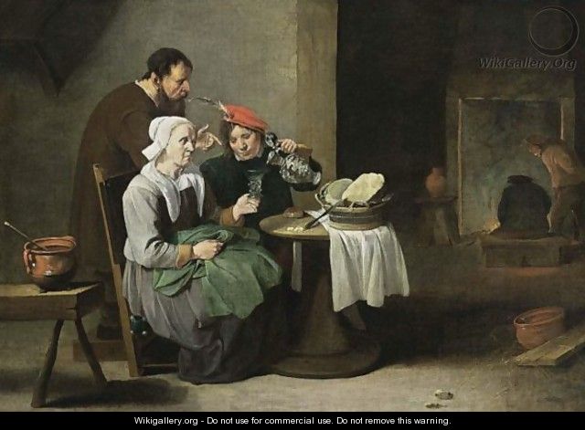 A Peasant Woman And A Young Man Eating And Drinking At A Table, With A Man Standing Behind, Other Figures Near A Fireplace In The Background - Matheus van Helmont