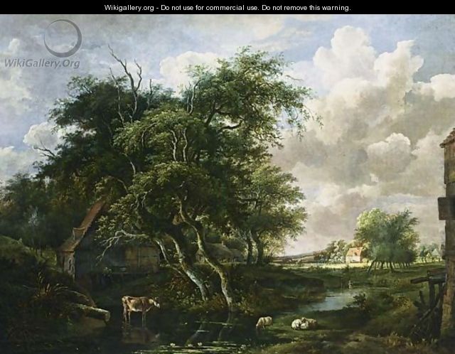 A Wooded Landscape With Houses, Sheep And A Cow Near A Stream, And Two Shepherds Paddling Beyond - Jan Hulswit Amsterdam
