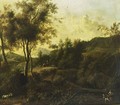 A Southern Wooded Landscape With Fishermen In A Stream And Shepherds With Their Herd In The Background - Frederick De Moucheron