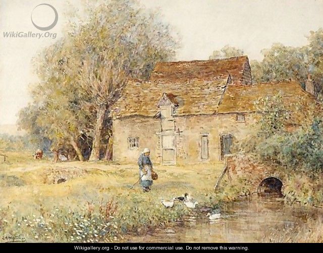 A Woman With Ducks Outside A Cottage - Ernest Albert Waterlow