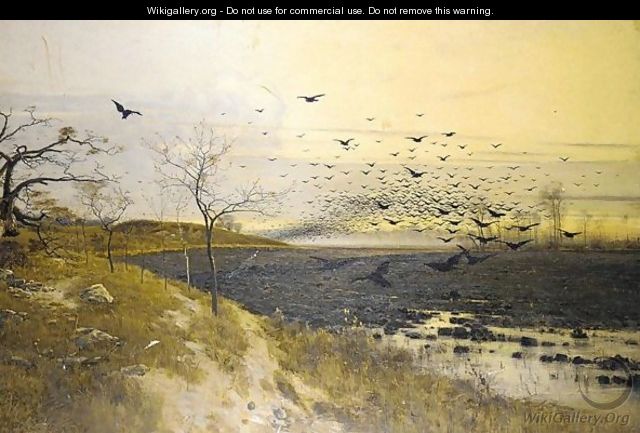 Flock Of Birds At Sunset - Bela Spanyi