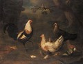 Duckwing Game Cock, Chickens, Pigeons And A Bullfinch In A Landscape - Louis Hubner