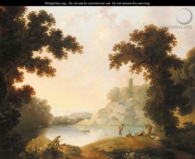 Wooded Landscape With Figures By A Lake, And A Distant Town - (after) George Barret