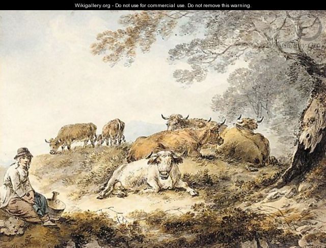 A Milkmaid And Cattle By A Tree - Julius Caesar Ibbetson