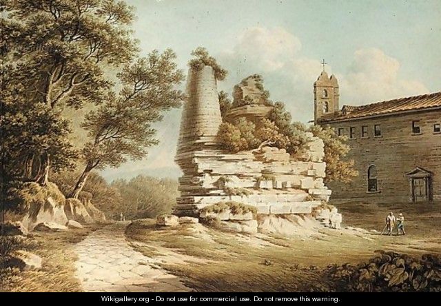Figures By A Church And Some Ruins, Italy - John Warwick Smith
