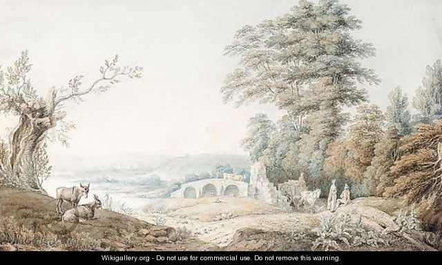 Wooded River Landscape With Cows Crossing A Bridge, Rustic Lovers, Country Cart And Donkeys - Edward Dayes