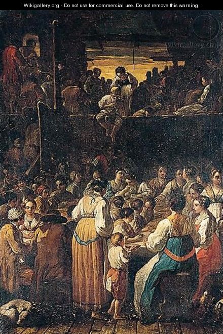 Peasants feasting at a table - Emilian School