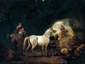 A man staddling a white horse in cave - Philips Wouwerman