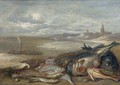 A still life of various fish and crustaceans on a bech - Jan van Kessel