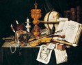 A vanitas still life of violin, recorder, music score, globe - Edwart Collier