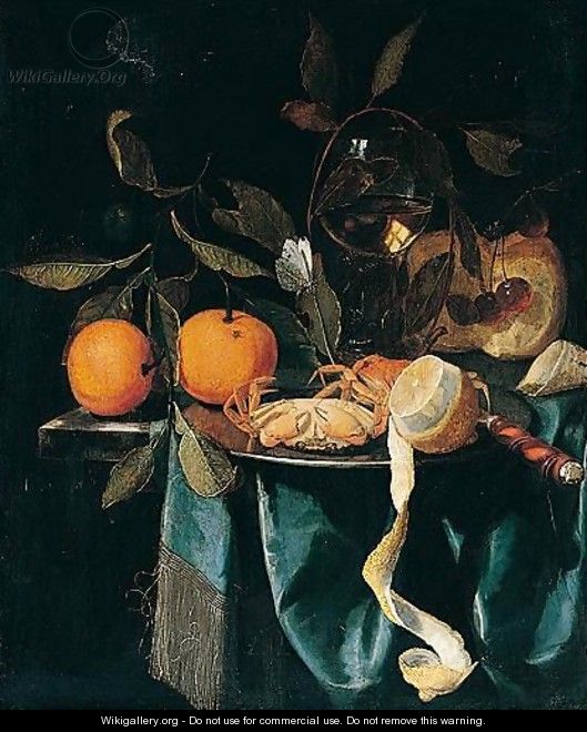 A still life of oranges, wine glass, cherries, bread and tobacco - Harmen Loeding