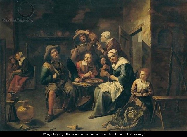 A domestic interior with a family eating and drinking - Gillis van Tilborgh