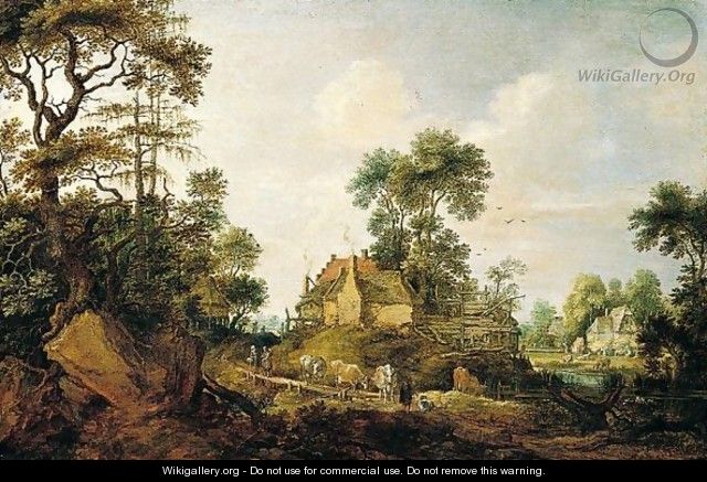 A rocky landscape with cattle and figures on path - Gijsbert Gillisz D