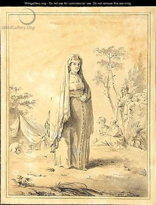A russian woman standing in a clearing with other russian figures beyond - Jean-Baptiste Le Prince